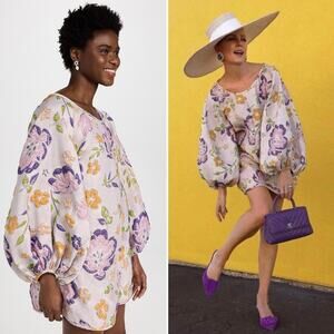Ariane Elmy Good Luck Dress Silver Purple Floral Balloon Brocade Sleeve Mini M